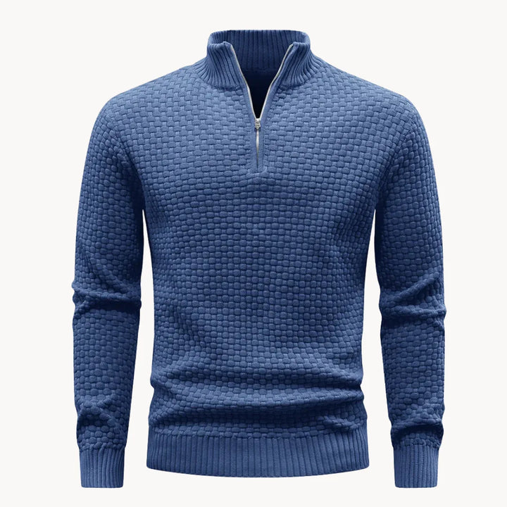 Heren gebreide trui met ritskraag en uniek honingraatpatroon, ideaal voor casual herfstlooks.
