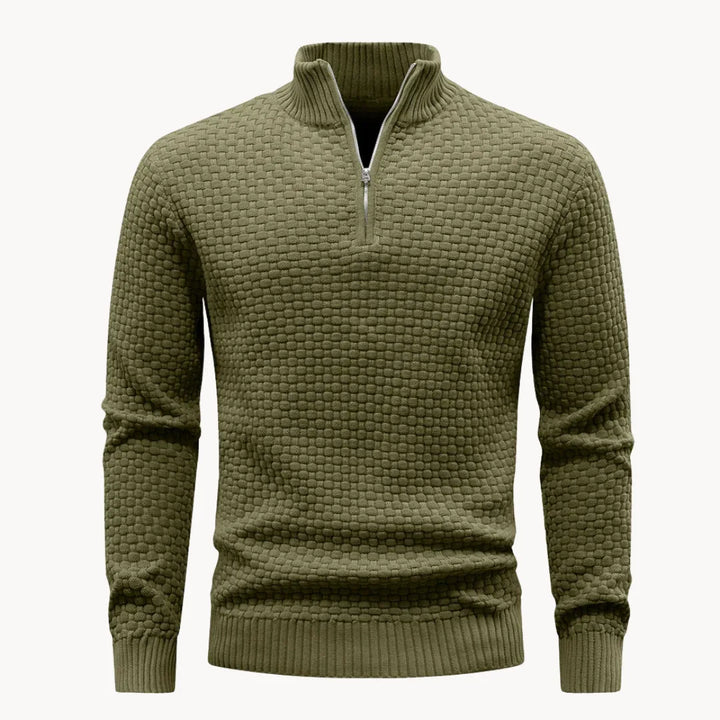 Warme herfst/winter heren trui, gebreid met een comfortabel honingraatpatroon en praktische ritskraag.