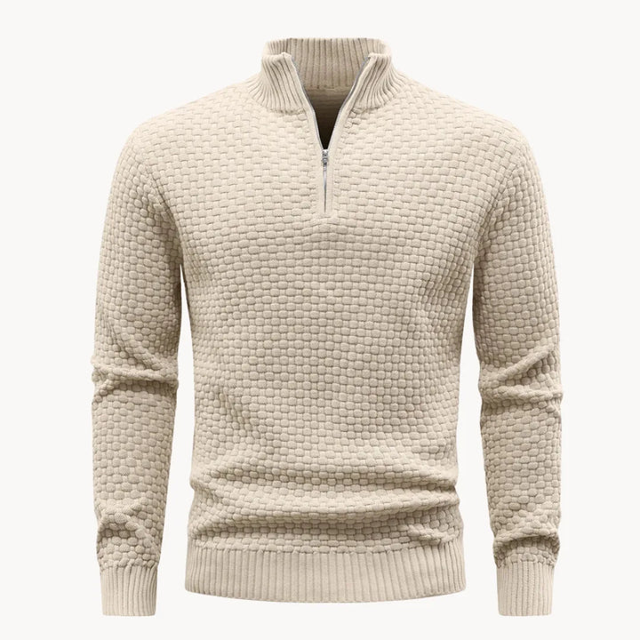 Heren trui met uniek honingraatpatroon en ritskraag, perfect voor een stijlvolle, comfortabele outfit.