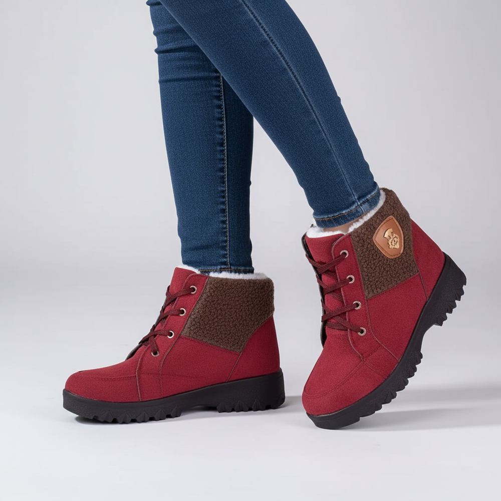Rode comfortabele gevoerde dameslaarzen Mindy, perfecte wintermode voor koude dagen.