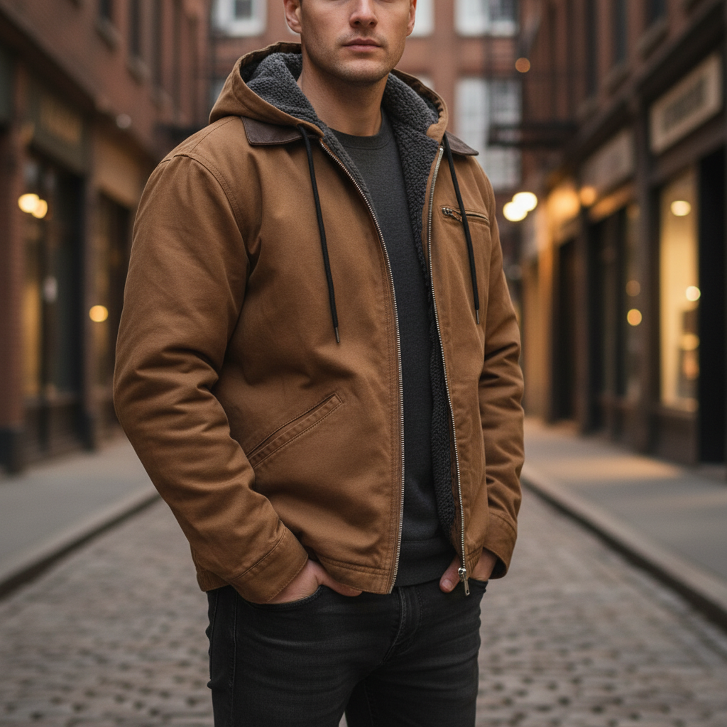 Heren overgangsjas Kendrick met capuchon, stijlvol en comfortabel voor lente en herfst.