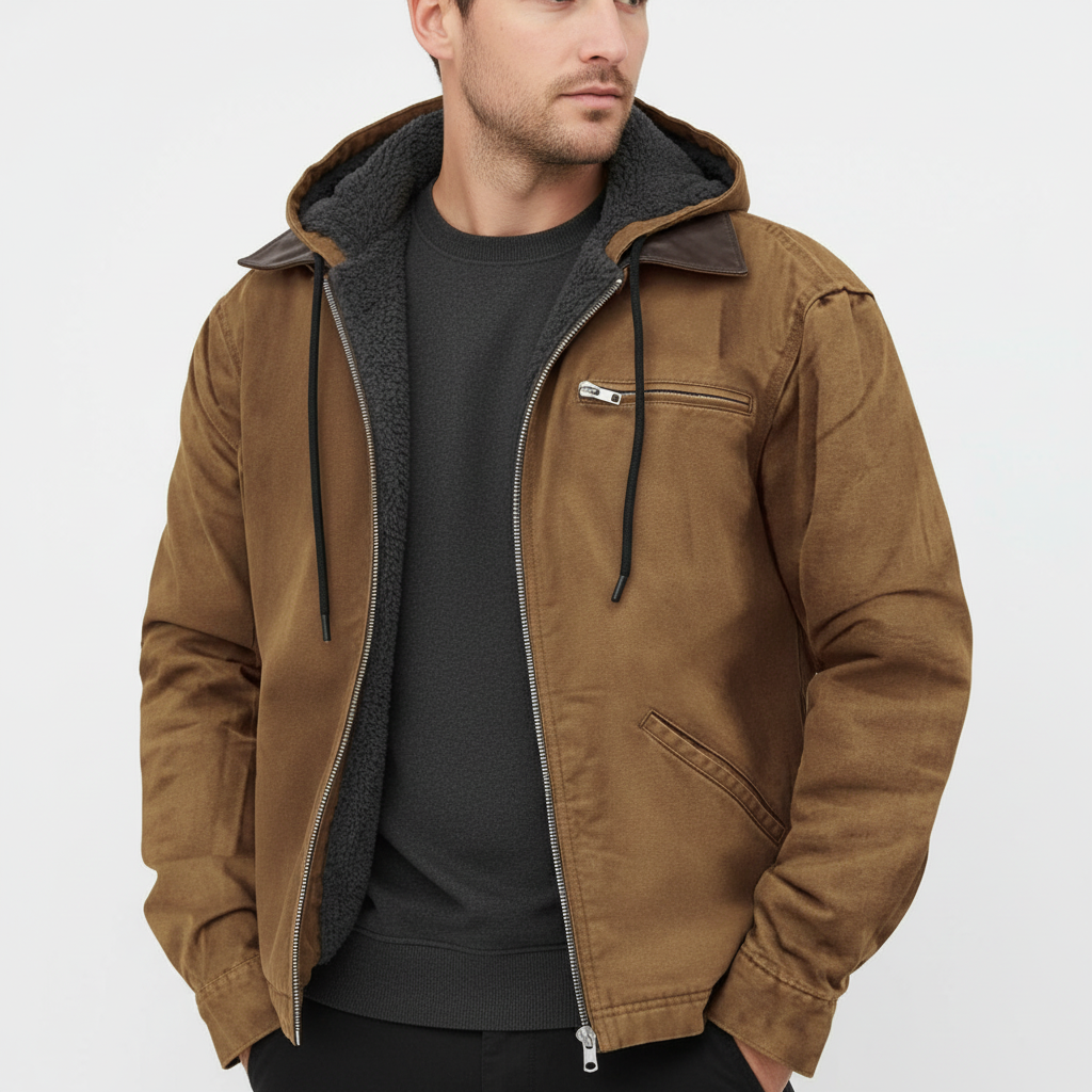 Gevoerde heren overgangsjas met capuchon; ideale bovenkleding voor mannen in voor- en najaar.