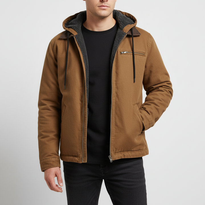 Moderne mannen overgangsjas met capuchon, de Kendrick, voor een trendy en comfortabele look.