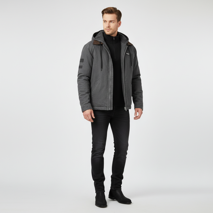 Comfortabele heren overgangsjas met capuchon, perfecte bovenkleding voor de wisselende seizoenen.