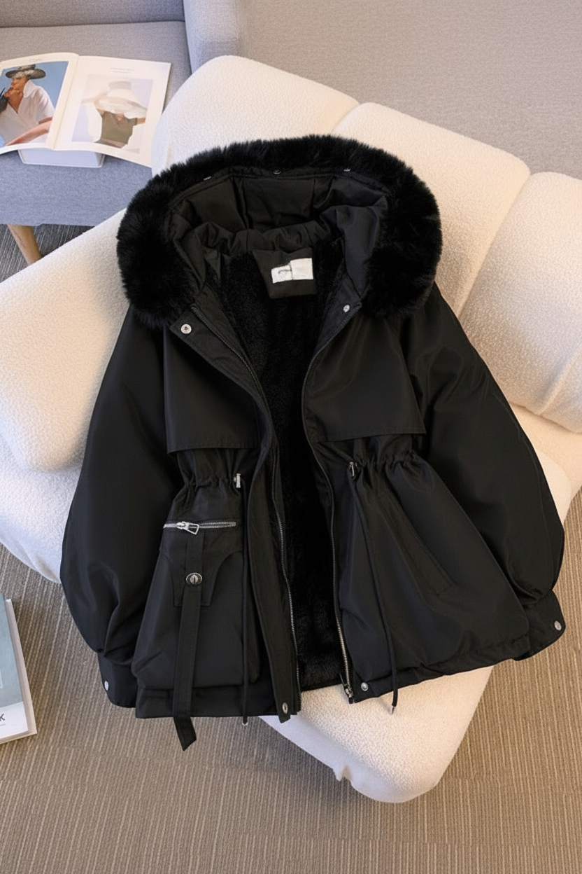 Amber dames puffer jas, een warme en modieuze gewatteerde winterjas. Ideaal voor comfort en stijl buiten.