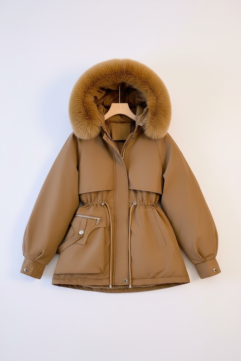 Elegante amber geïsoleerde damesjas. Deze gewatteerde winterjas combineert warmte, comfort en stijl.