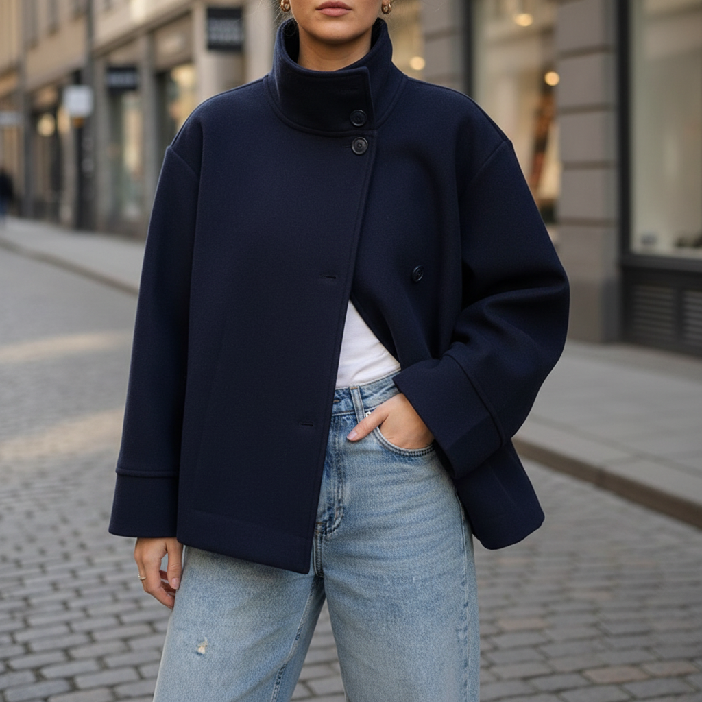Dames gevoerde korte jas met dubbele rij knopen, elegant en tijdloos voor herfst/winter.