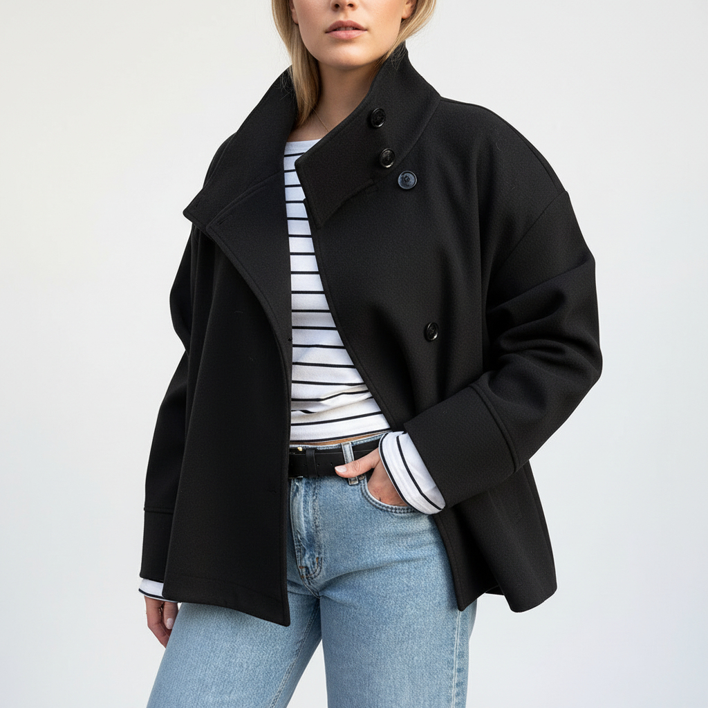 Modieuze dames korte jas, dubbelrijig en gevoerd, veelzijdig voor zowel casual als elegante outfits.