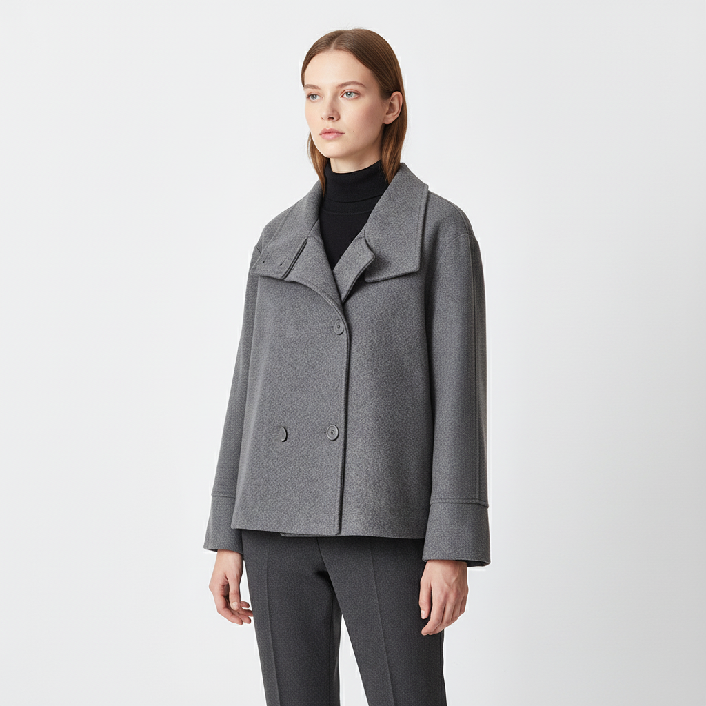 Elegante Audrey dames korte jas met dubbele rij knopen, gevoerd en warm voor koude dagen.