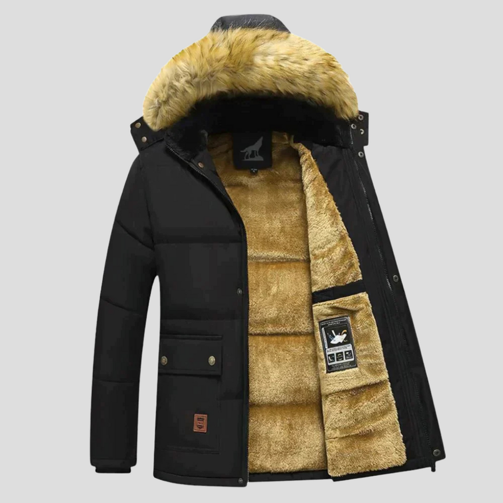 Warme heren winterjas Jayden, gewatteerde parka met afneembare capuchon voor optimale koudebescherming.