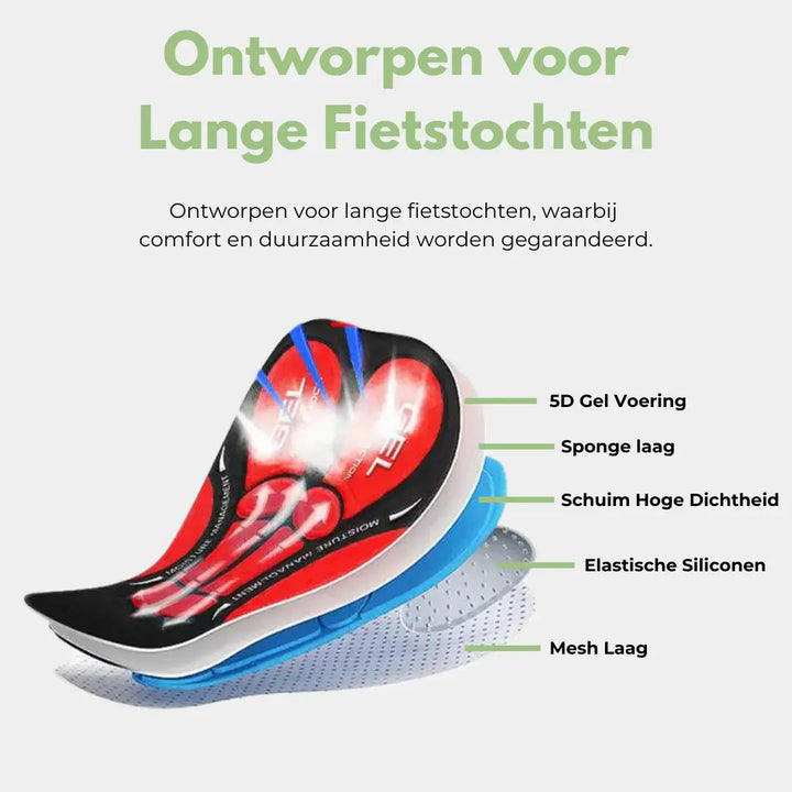 Zijzicht van de ademende unisex fietsbroek met gelvulling, ideaal voor comfortabel langeafstandsfietsen.