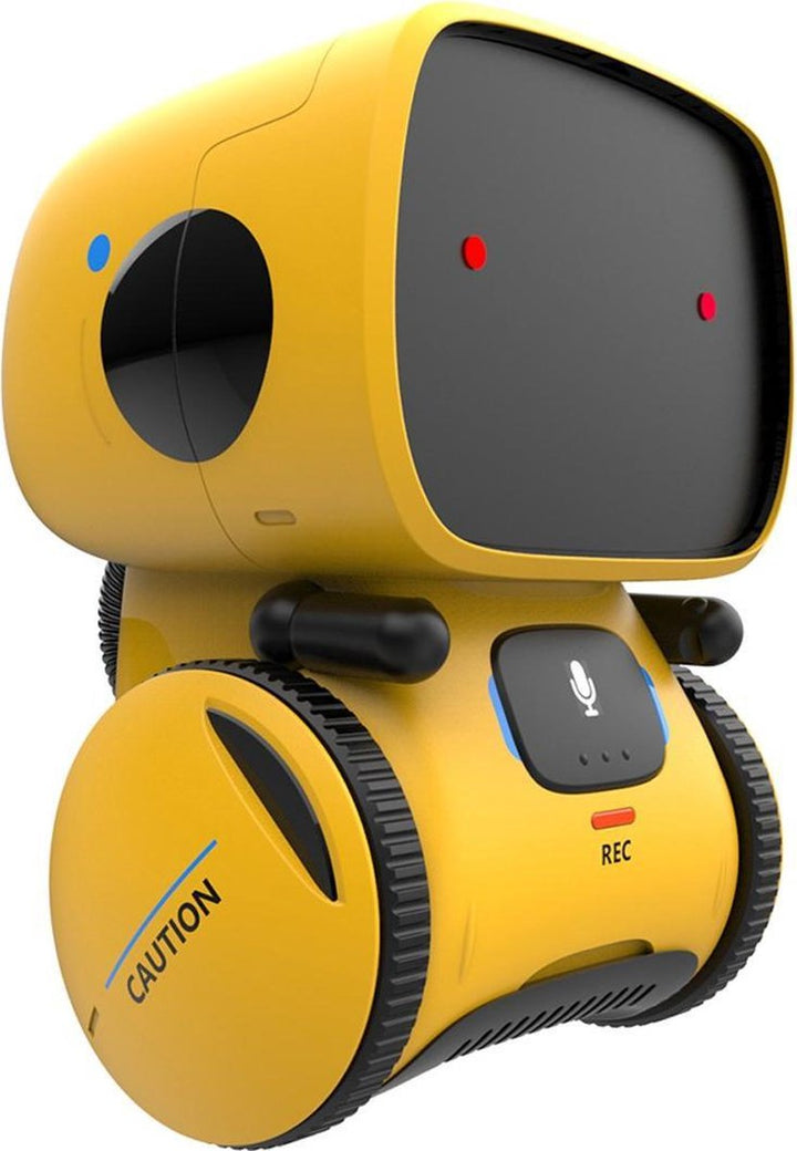 Vrolijk gekleurde interactieve robot voor kinderen; stimuleert creativiteit en speelse communicatie.