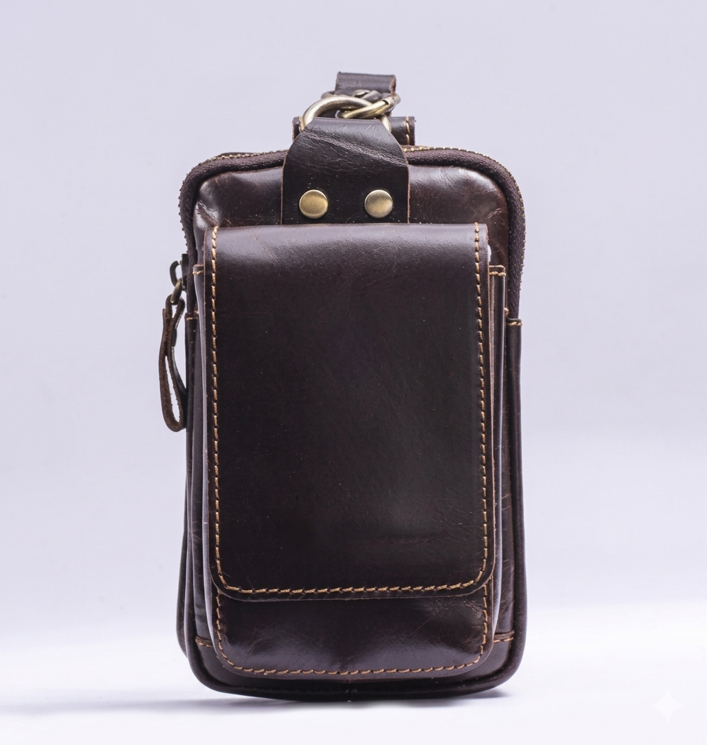 Donkerbruine leren heren heuptas, compact en praktisch als telefoontas.