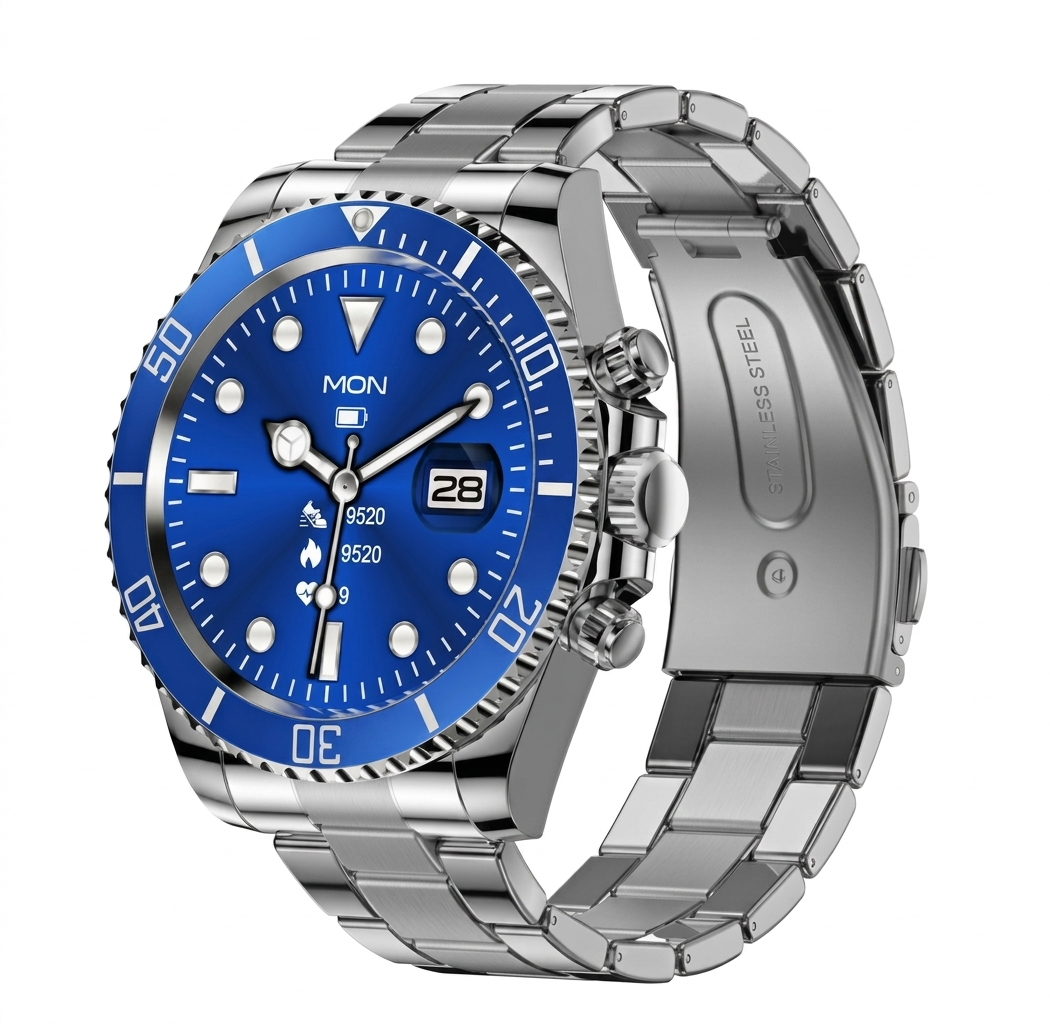 Azuurblauwe militaire smartwatch met Bluetooth connectiviteit, compatibel met Android en iOS voor optimale prestaties.