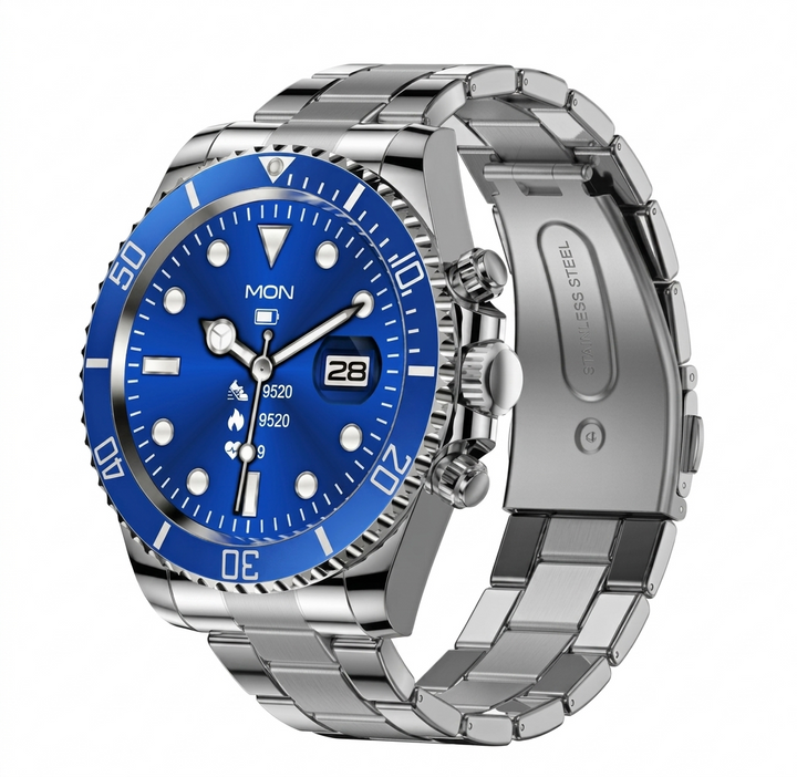 Azuurblauwe militaire smartwatch met Bluetooth connectiviteit, compatibel met Android en iOS voor optimale prestaties.