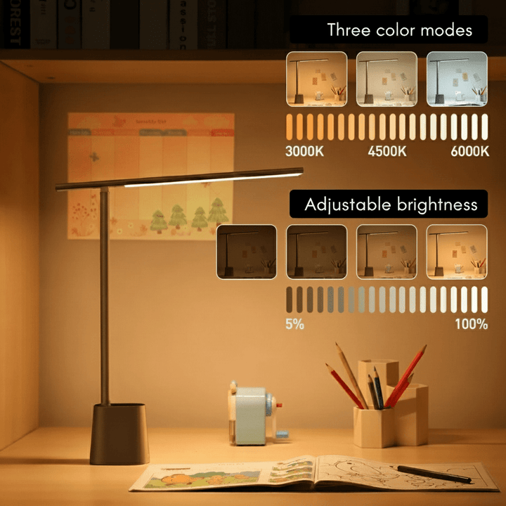 Slanke, opvouwbare LED bureaulamp, modern design voor elke werkplek; compact en eenvoudig op te bergen.