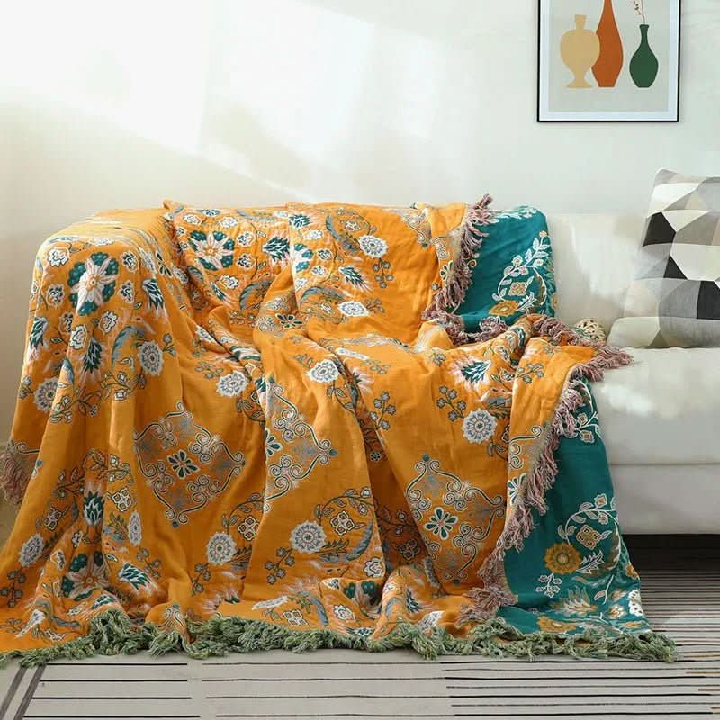 Geel-oranje boho katoenen deken met jacquard patroon. Perfecte woondeken/sprei voor gezellige slaapkamer.