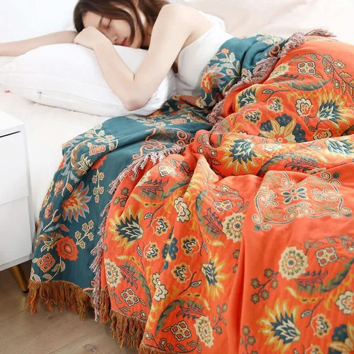 Sfeervolle jacquard boho katoenen deken (geel/oranje) voor slaapkamer of interieur. Creëert gezellige sfeer.
