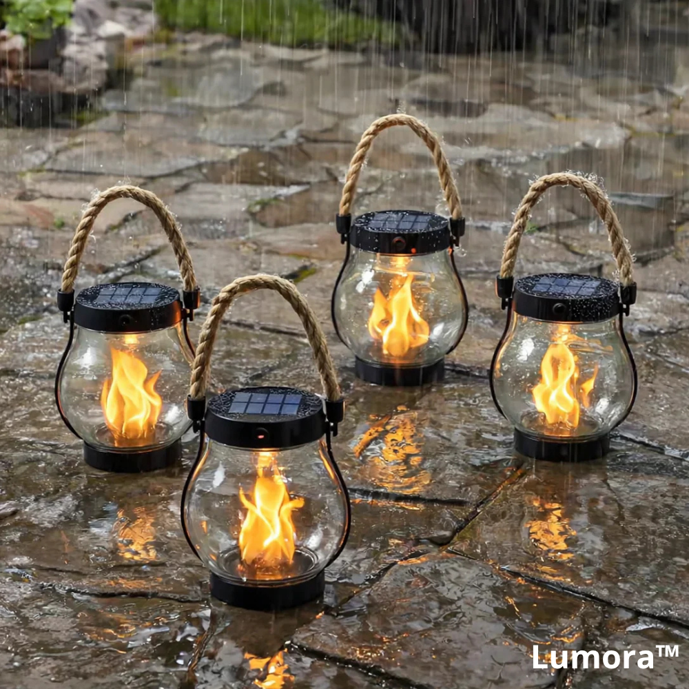 Draadloze solarlamp met realistische vlammenoptiek, milieuvriendelijke tuinverlichting.