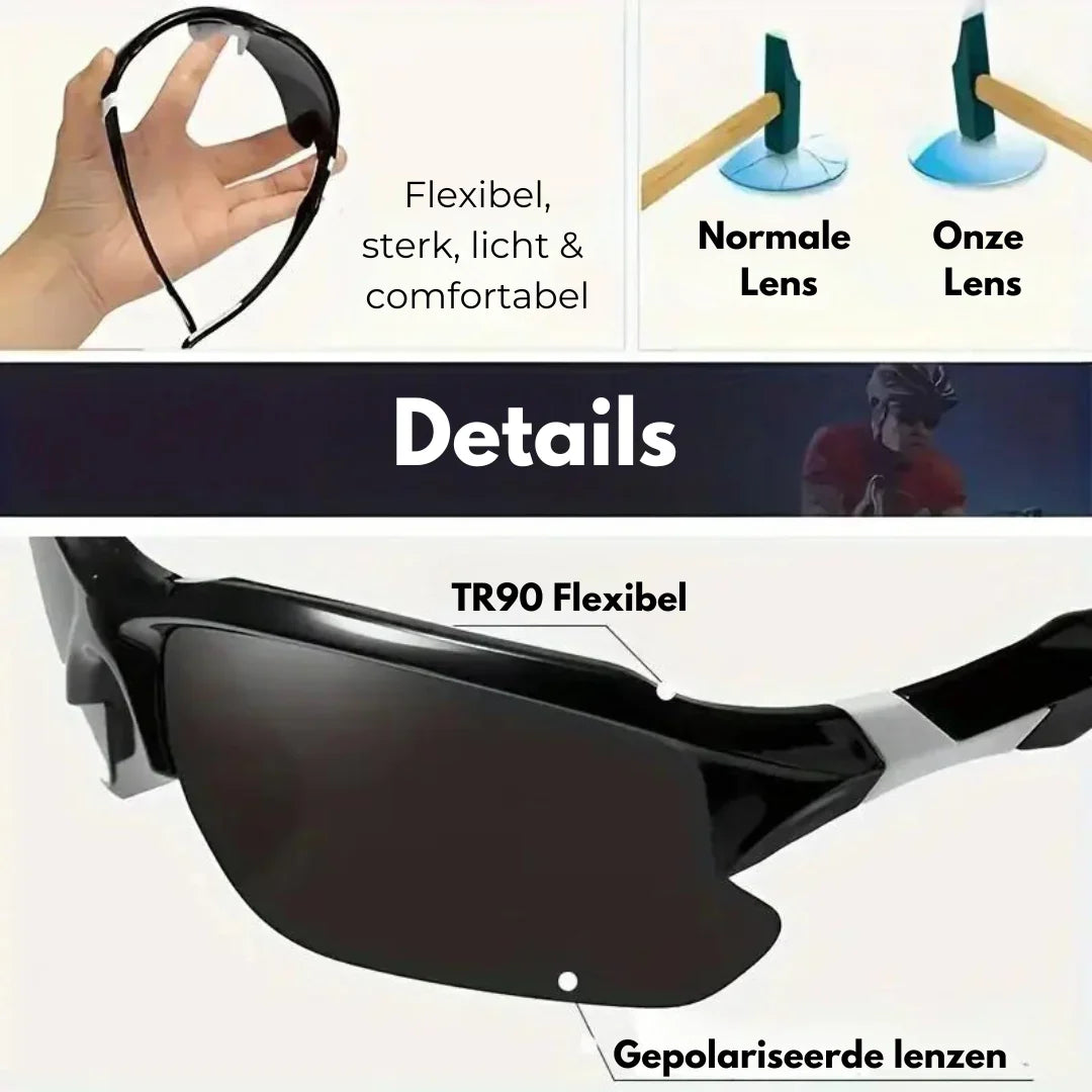 Moderne gepolariseerde sportzonnebril, UV400 bescherming, perfect voor fietsen, hardlopen en andere sporten.