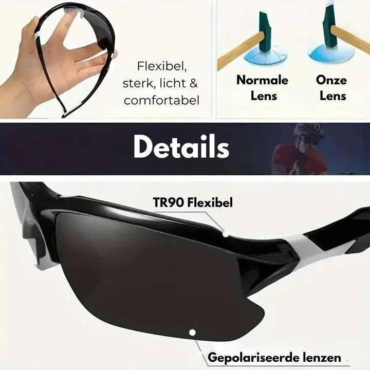Moderne gepolariseerde sportzonnebril, UV400 bescherming, perfect voor fietsen, hardlopen en andere sporten.