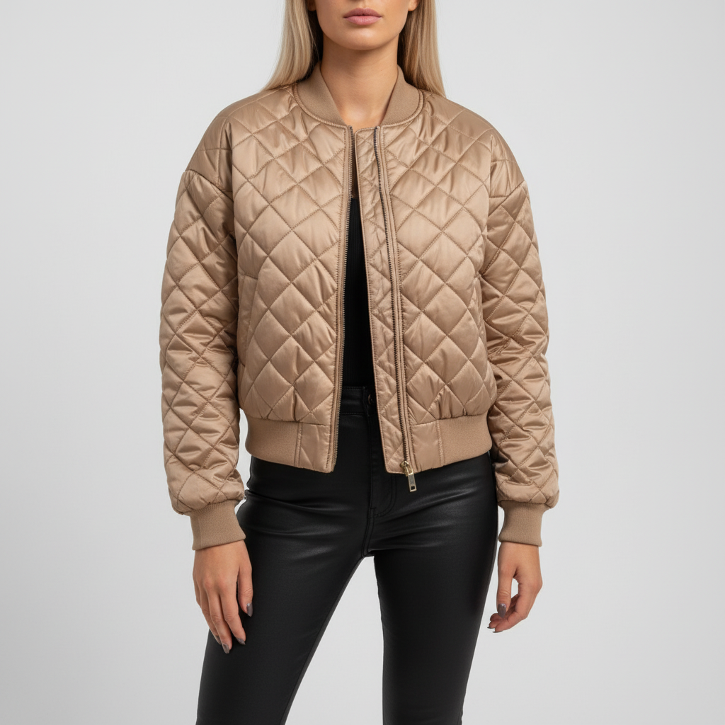 Warm en stijlvol groen dames bomberjack, gewatteerd voor koude dagen, met moderne look.