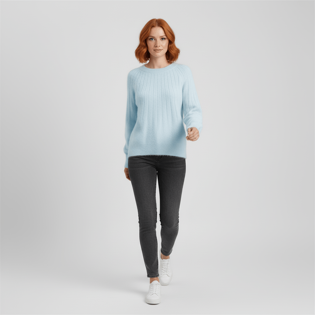 Bruine Leah trui met ribbels, lange mouwen, zachte gebreide dameskleding, comfortabel en warm.