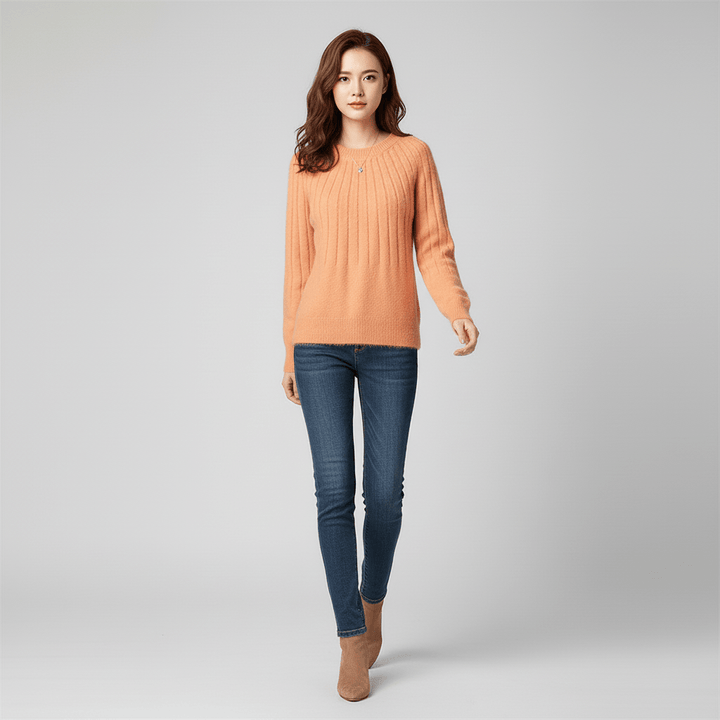 Lichte blauwe geribde trui voor dames, lange mouwen, comfortabel en casual voor dagelijks gebruik.