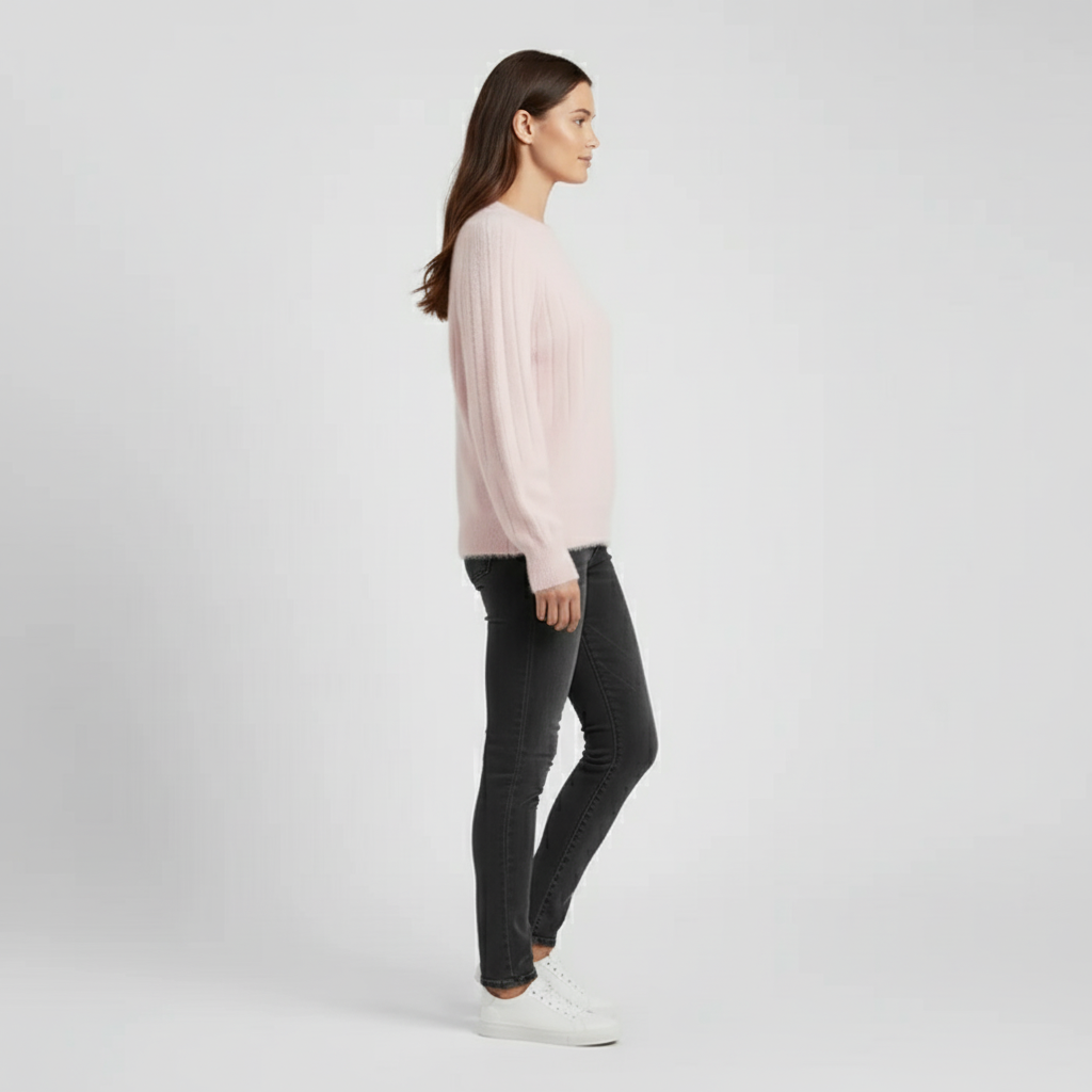Warme paarse geribde dames trui, lange mouwen, elegant en zacht, ideaal voor de winter.