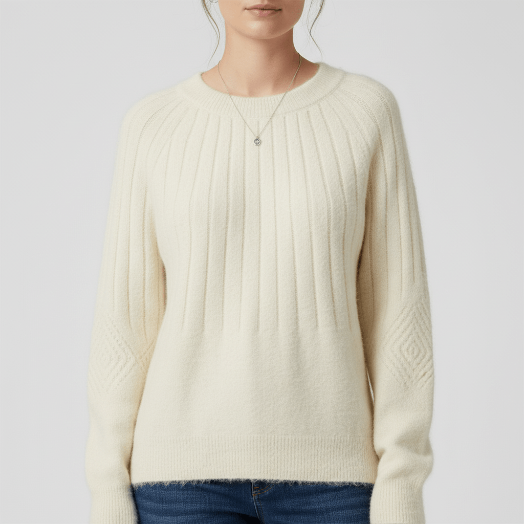 Essentiële geribde trui Leah, lange mouwen, in crème, comfortabele dameskleding voor een zachte look.