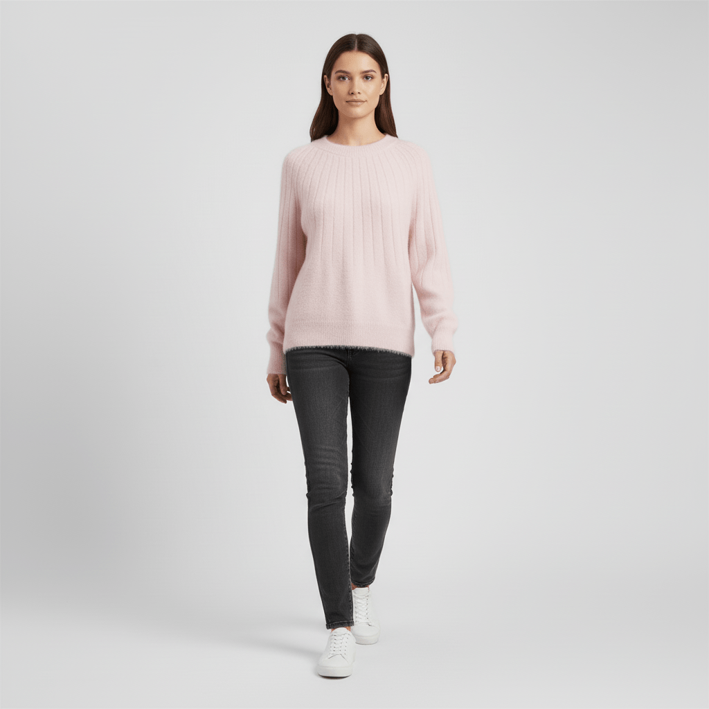 Modieuze grijze geribde damestrui, comfortabel gebreid met lange mouwen, ideale winterkleding.