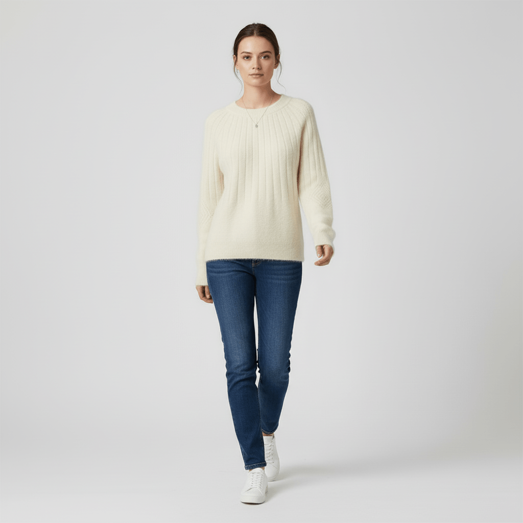 Grijze dames trui, geribd, lange mouwen, comfortabel en modieus, essentieel voor je garderobe.