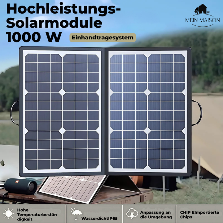 Complete mobiele oplader kit met 1000W opvouwbaar zonnepaneel voor duurzame off-grid energie bij buitenleven.