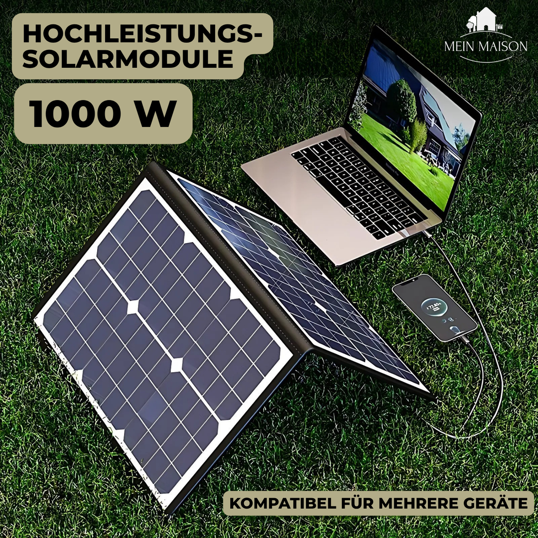 Uitgeklapt 1000W mobiel zonnepaneel, klaar om stroom te leveren voor kamperen, boot of off-grid avonturen.