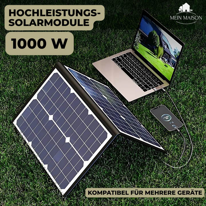 Uitgeklapt 1000W mobiel zonnepaneel, klaar om stroom te leveren voor kamperen, boot of off-grid avonturen.
