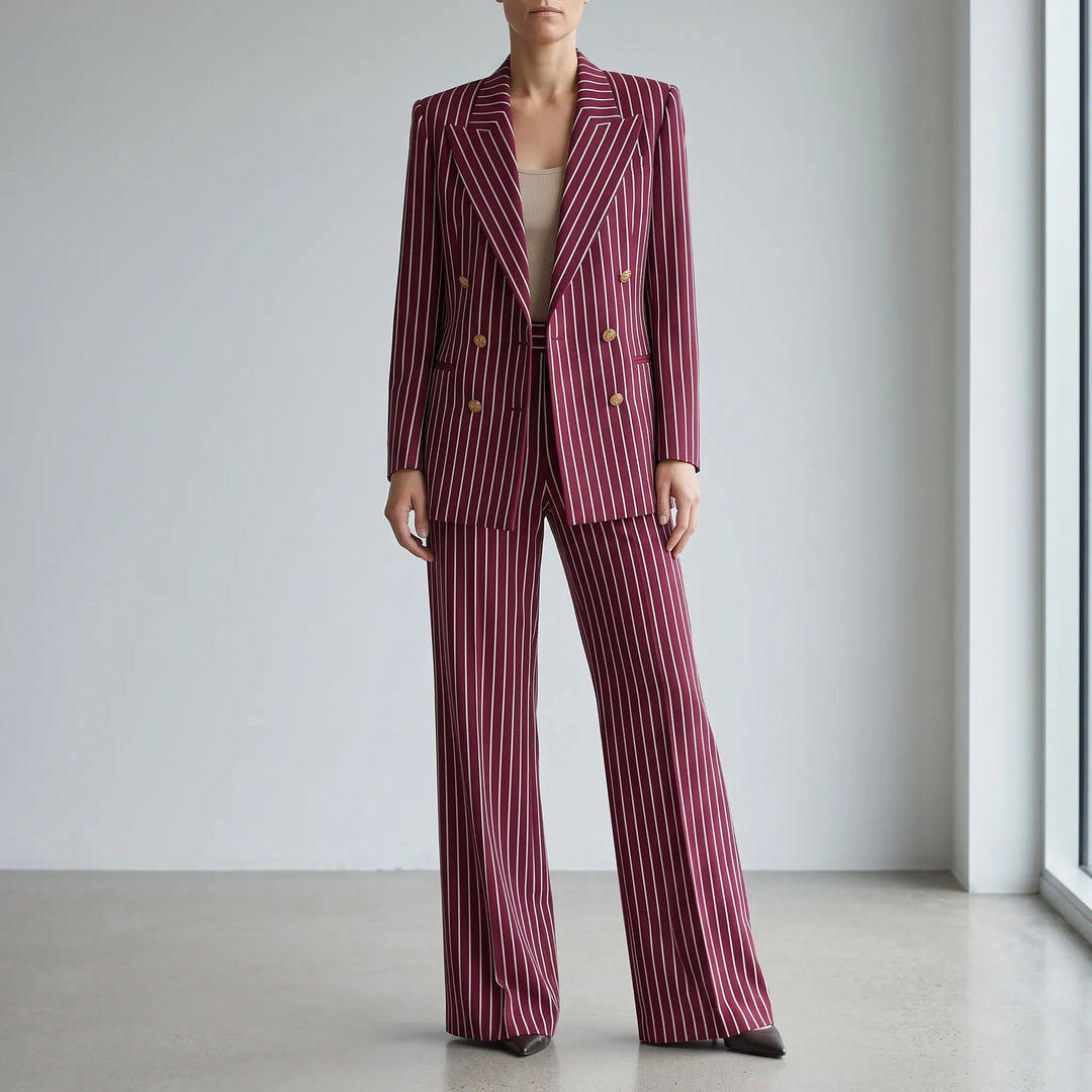 Dames gestreept broekpak met wijde pijpen, ideaal voor een zakelijke of elegante look. Modieus en comfortabel.