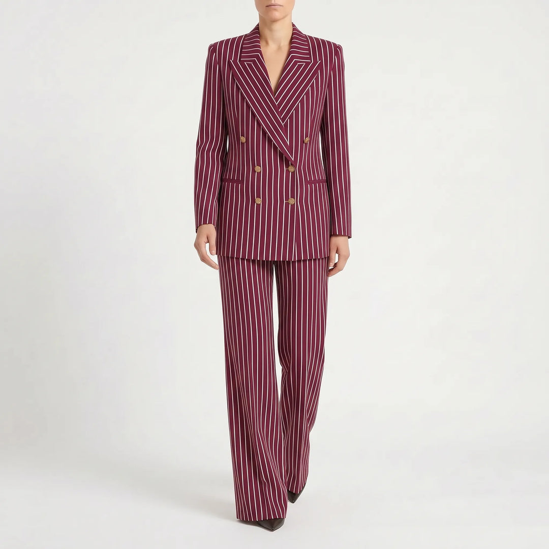 Modieus dames gestreept broekpak met wijde pijpen, comfortabel en chique voor herfst en voorjaar. Tweedelig pak.