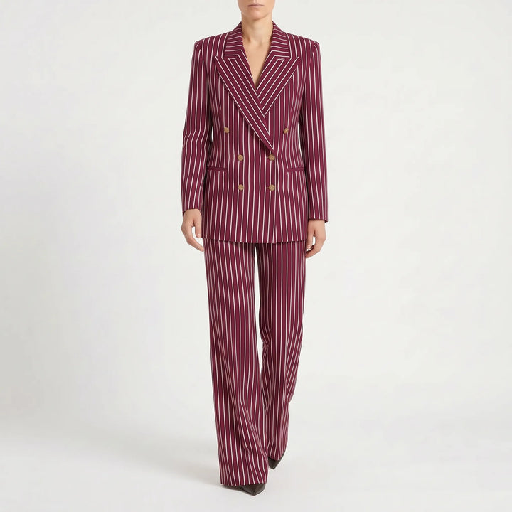 Modieus dames gestreept broekpak met wijde pijpen, comfortabel en chique voor herfst en voorjaar. Tweedelig pak.