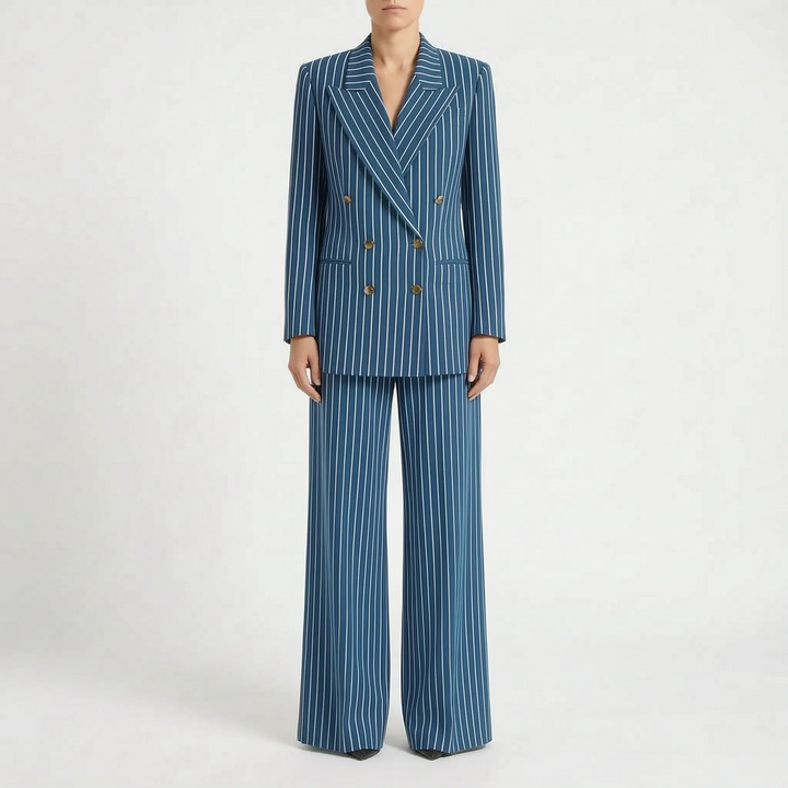 Chic gestreept dames broekpak met wijde pijpen, perfect voor een zakelijke outfit of een elegante voorjaarslook.
