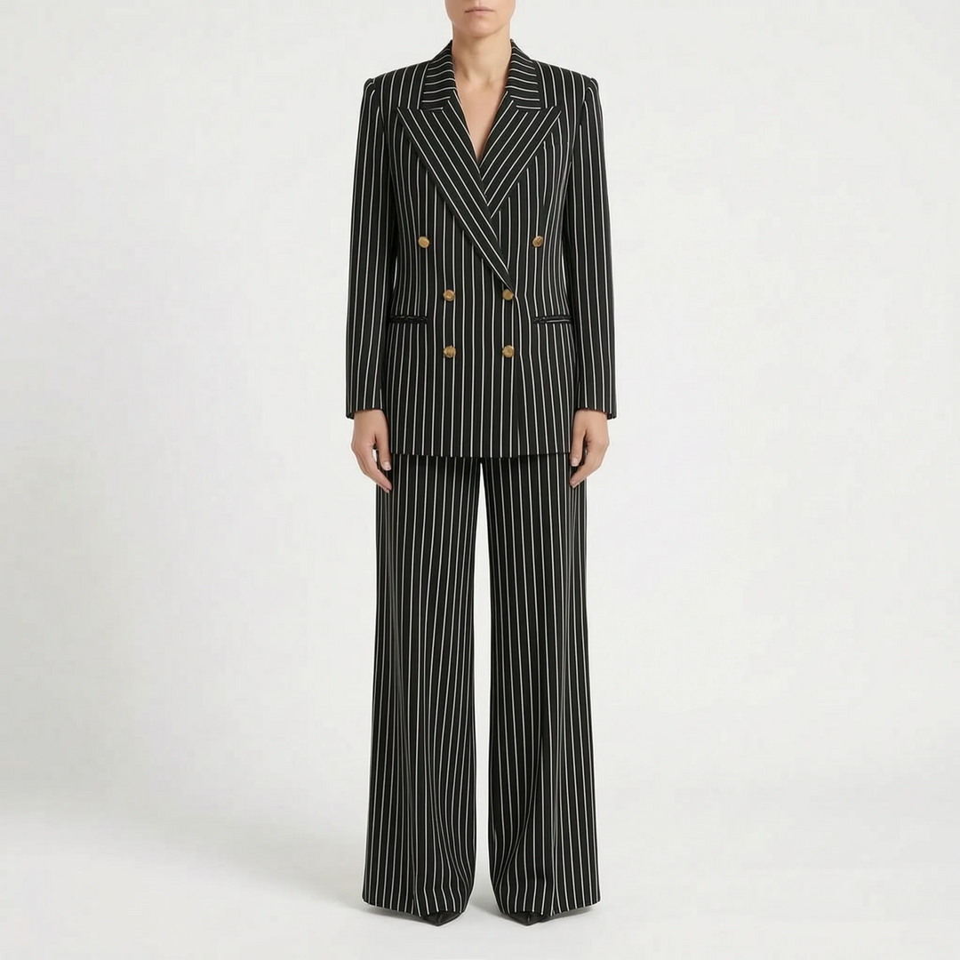 Trendy gestreept dames broekpak met wijde pijpen, elegant en geschikt voor zowel herfstmode als voorjaarslooks.
