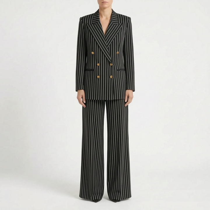 Trendy gestreept dames broekpak met wijde pijpen, elegant en geschikt voor zowel herfstmode als voorjaarslooks.