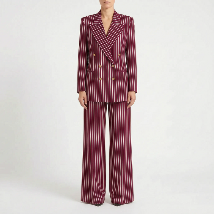 Gedetailleerd gestreept broekpak dames met wijde pijpen, toont de elegante textuur en comfortabele pasvorm.