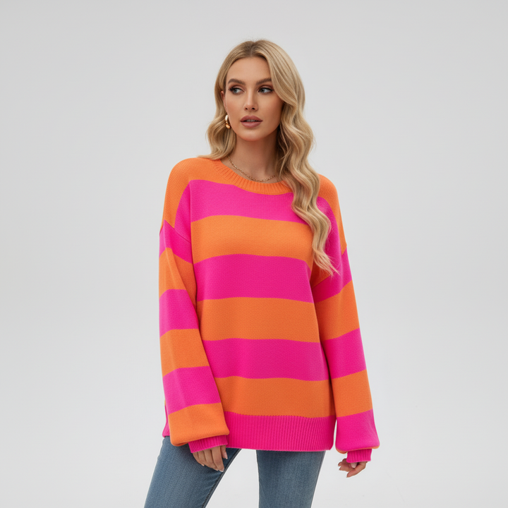 Veelzijdige gestreepte damestrui voor herfst/winter; een comfortabele en stijlvolle trui met ronde hals.