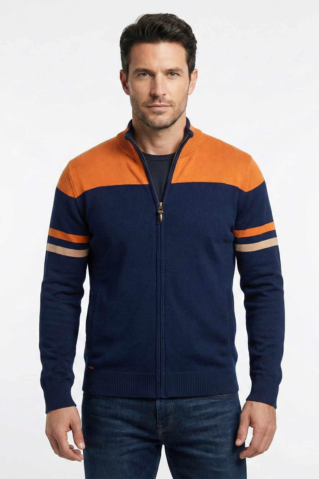 Heren gestreept trainingsjack Gabriel met sportieve strepen op schouders, ritssluiting, ideaal voor casual look.