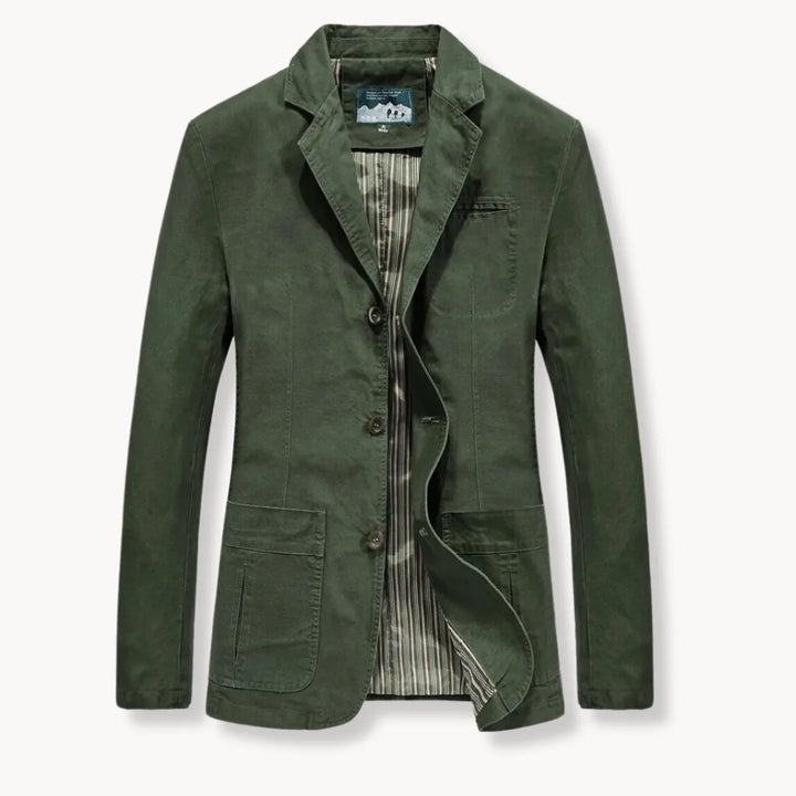 Klassieke heren blazer, getailleerd en comfortabel, met reverskraag en zakken. Essentiële bovenkleding.
