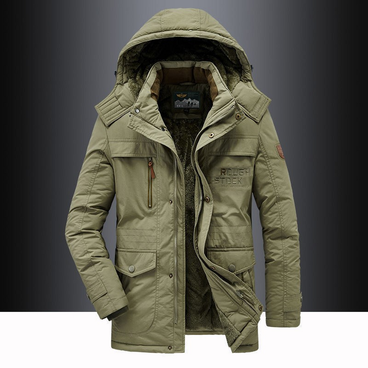 Waterafstotende heren parka, gewatteerde winterjas met ritssluiting, hoge kraag en afneembare capuchon.