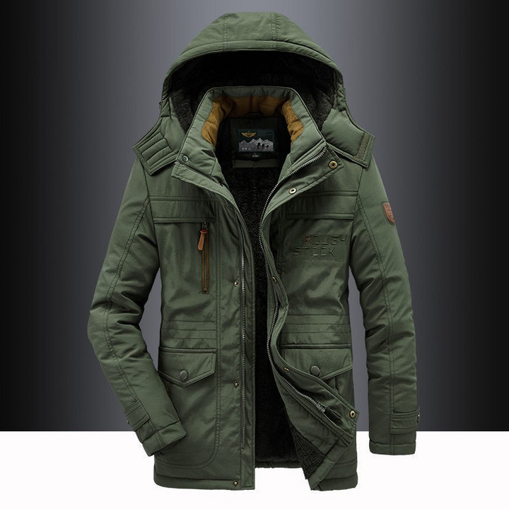 Duurzame heren gewatteerde winterjas, functionele parka met afneembare capuchon voor comfort en bescherming.