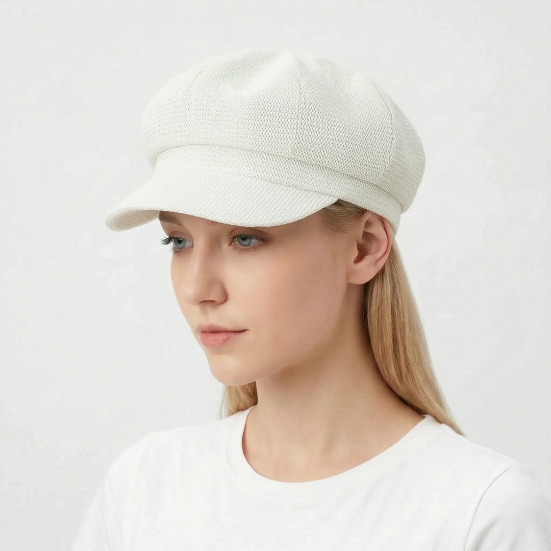 Model draagt een chique geweven zomerbaret, de ultieme luchtige pet voor een modieuze zomerlook.