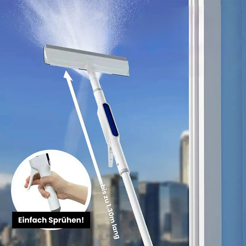 3-in-1 ramenreiniger met telescoopsteel en sprayfunctie voor streeploze ramen in huis.