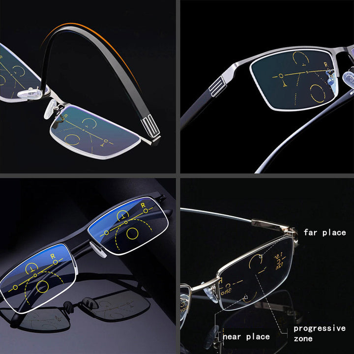 RVS en acryl unisex leesbril, intelligent multifocaal ontwerp voor comfortabel lezen.